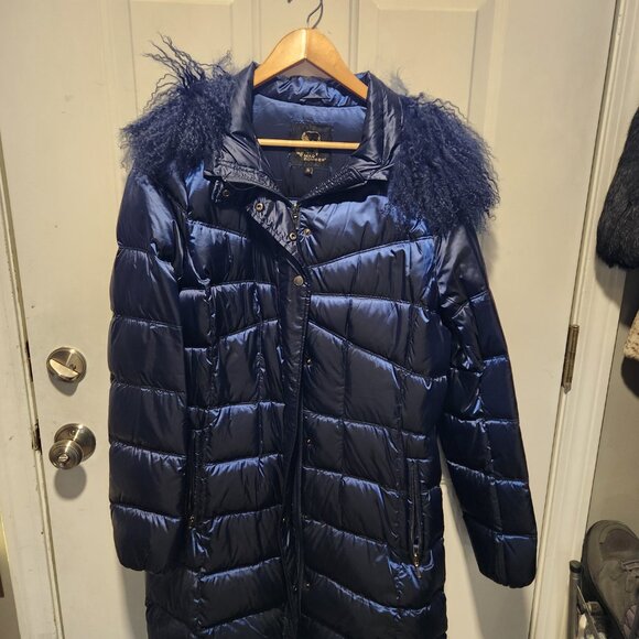 Mad Bomber Womens XL Navy Blue 3/4 Length Puffer Jacket Tibetan Lamb Trim - Picture 2 of 6